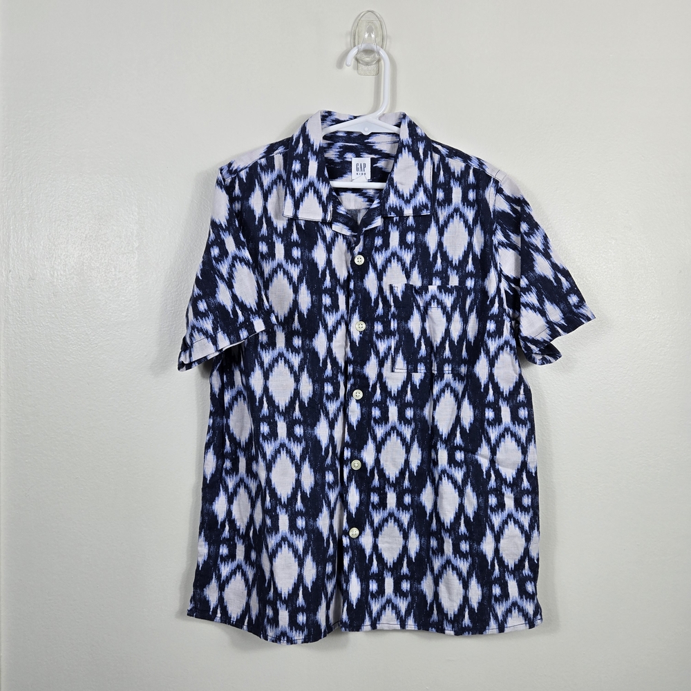 Gap Kids Boys Navy White Ikat Abstract Short Sleeve Linen‎ Button Shirt Medium